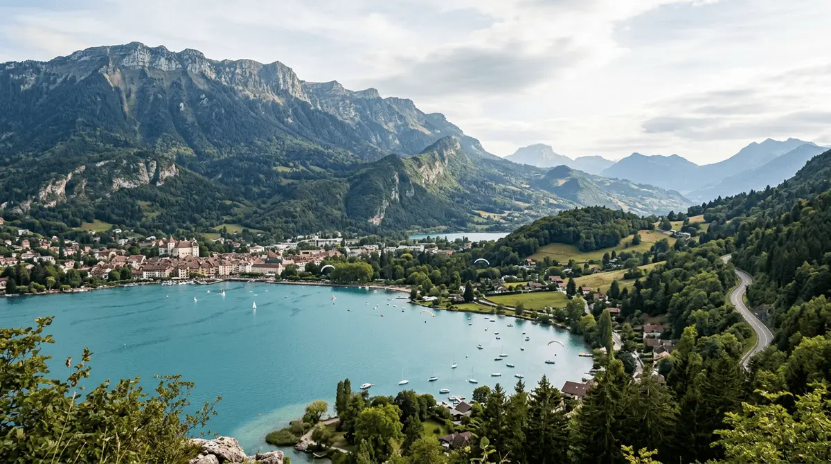 Vue panoramique sur le lac d'Annecy turquoise, un village au bord de l'eau et les montagnes des Bauges depuis les hauteurs du Semnoz